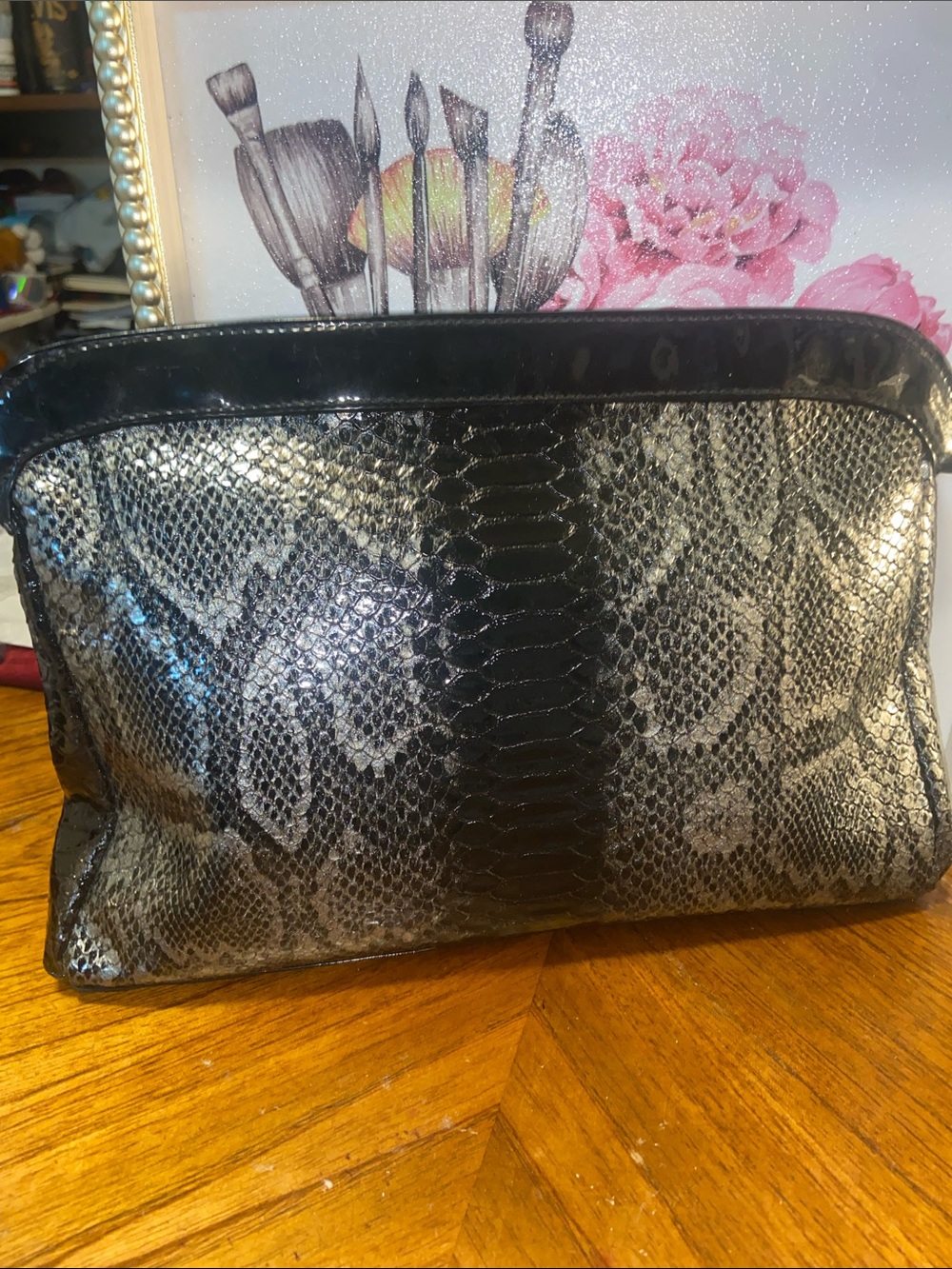 REDKEN Snake-Embossed Black and Silver Women's Clutch